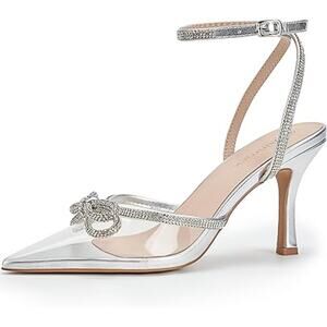 Ainrock Womens Size 8.5 SIlver Rhinestone Clear Strap Bow Wedding 3.5" Heels